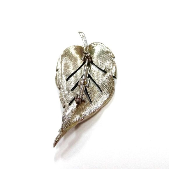 Vintage Leaf Brooch Pin In Black & Silver-Tone - Picture 4 of 10